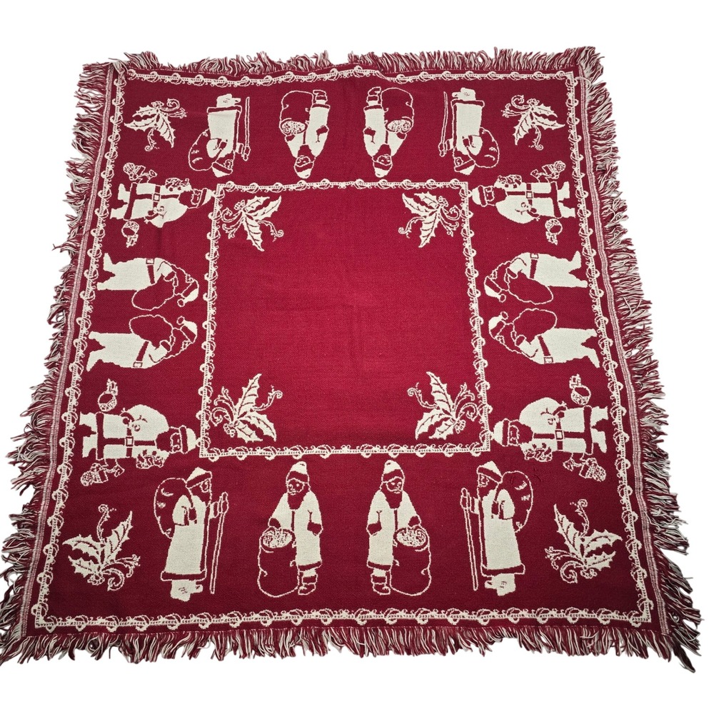 Vintage Christmas Woven Throw Blanket Red Cream Reversible Santa Holly Fringed